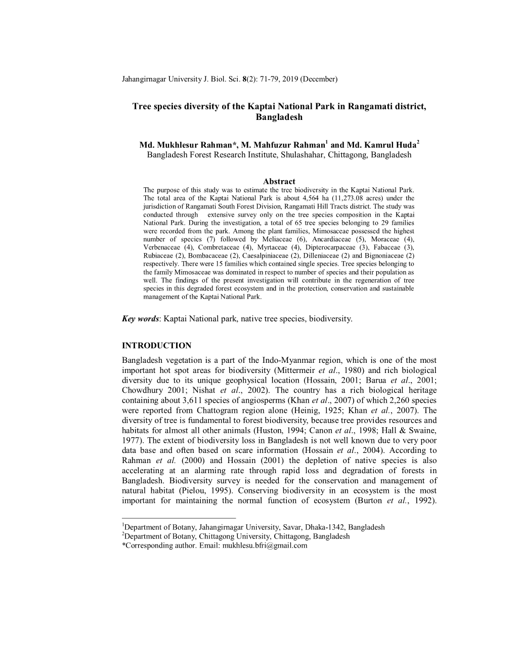 Tree Species Diversity of the Kaptai National Park in Rangamati District, Bangladesh