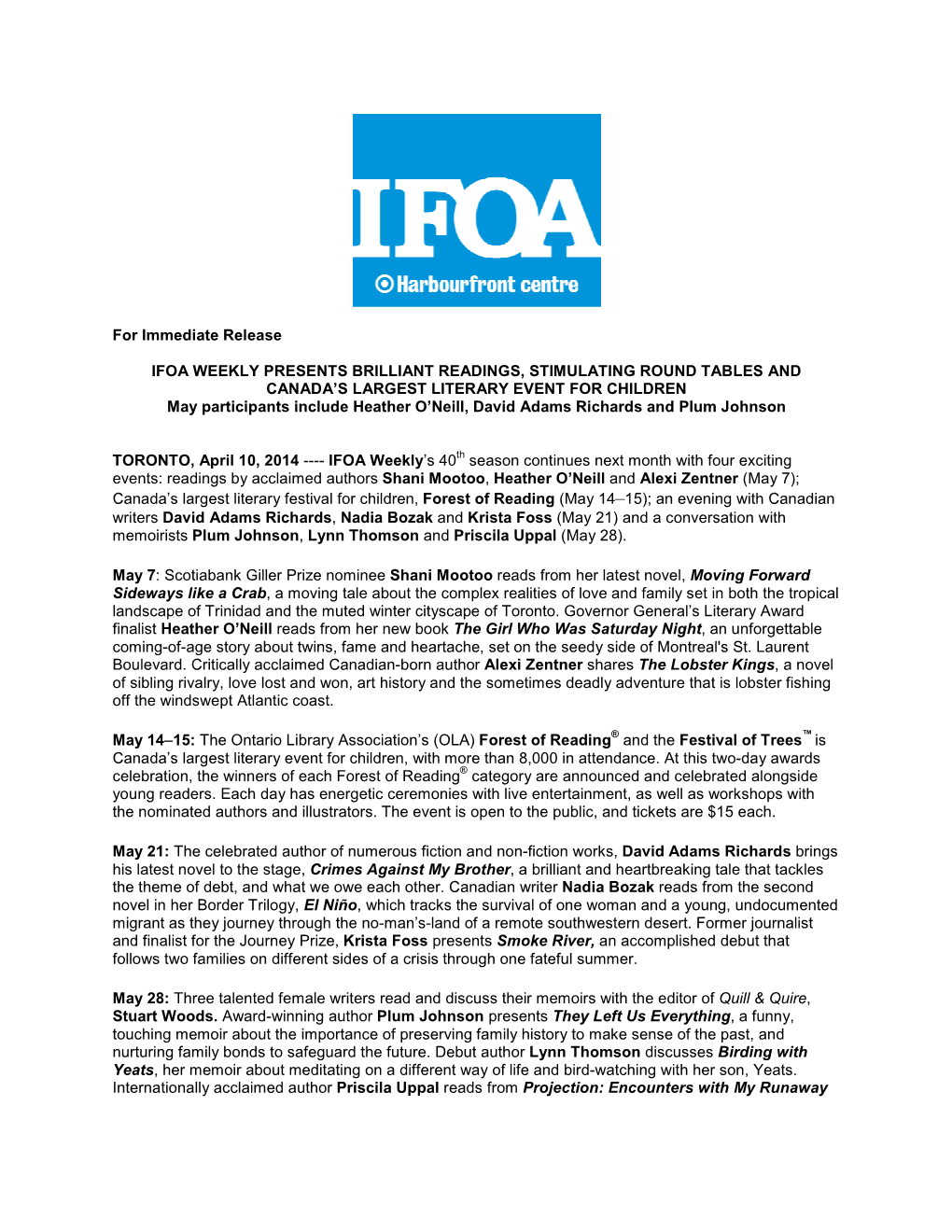 14 May IFOA Weekly Press Release