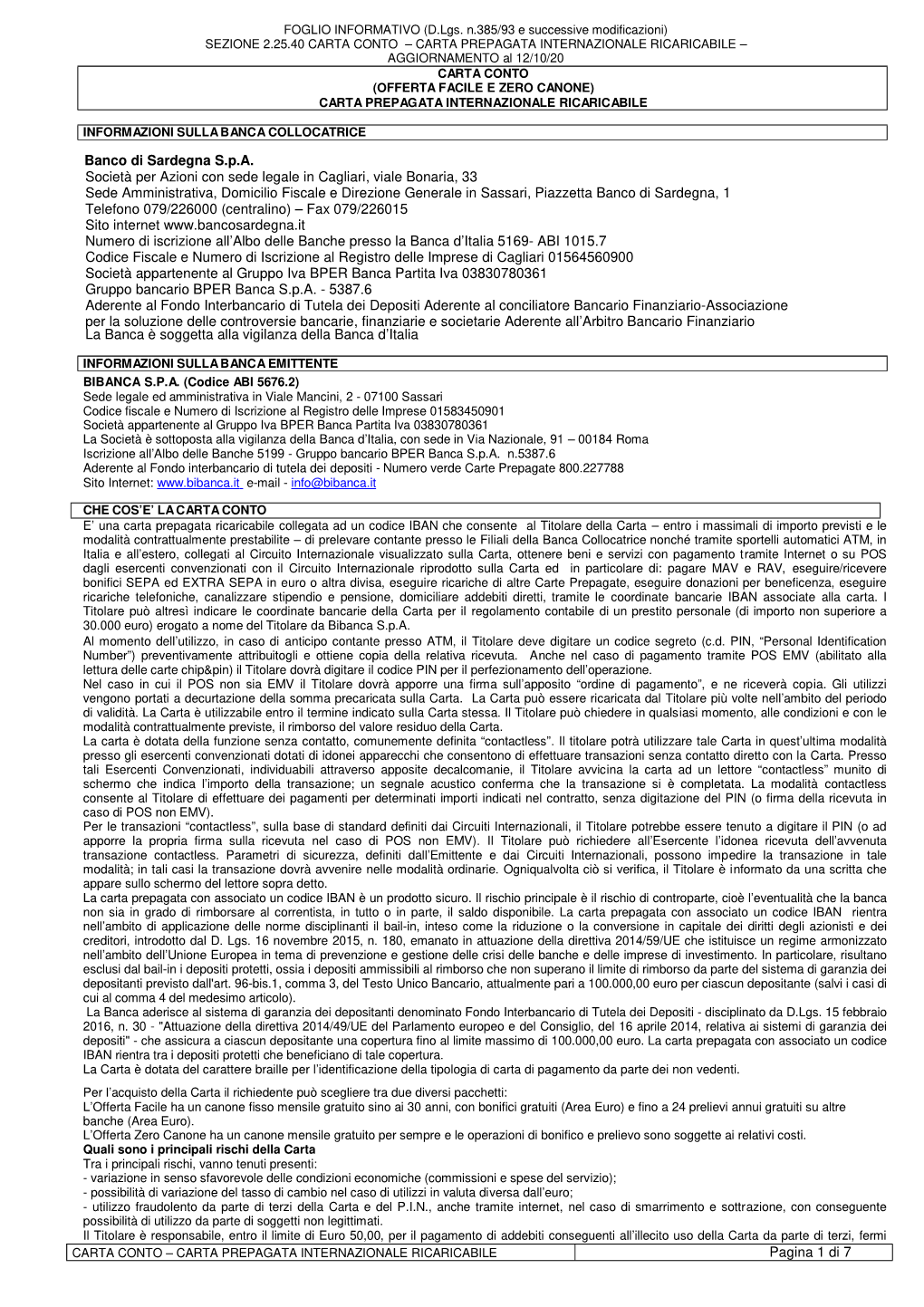 Foglio Informativo Carta Conto 10 2020