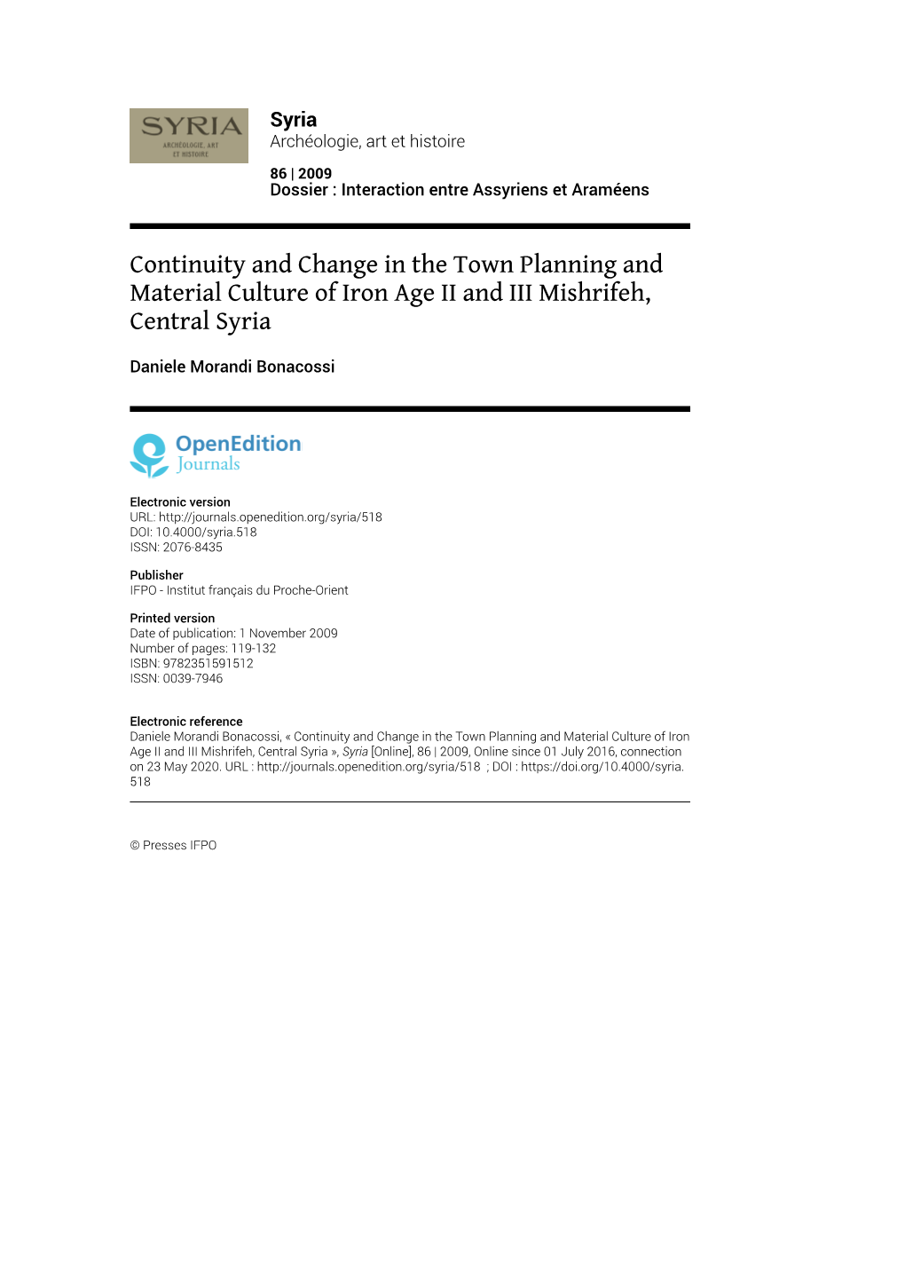 Continuity and Change in the Town Planning and Material Culture of Iron Age II and III Mishrifeh, Central Syria