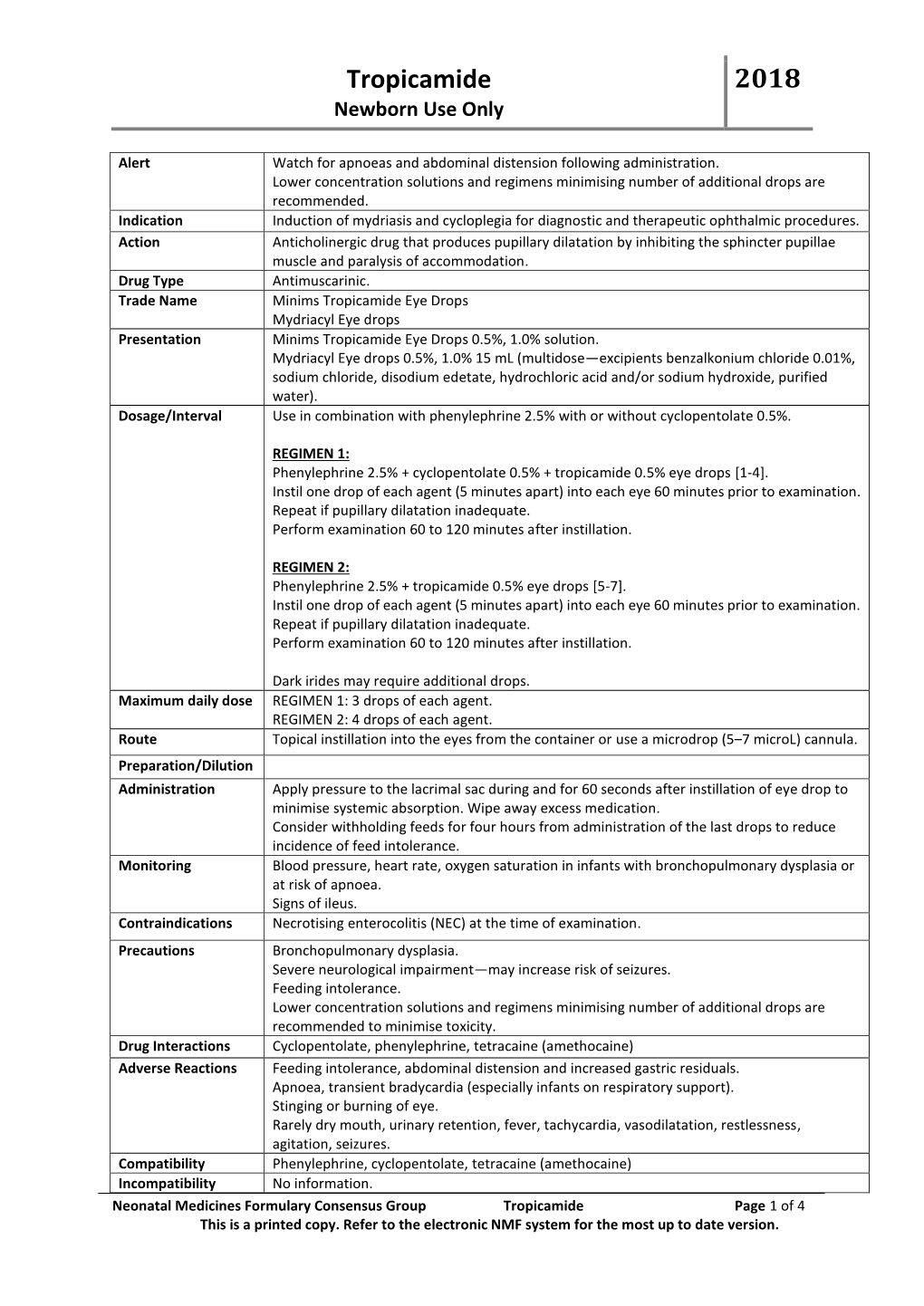 Tropicamide 2018 Newborn Use Only