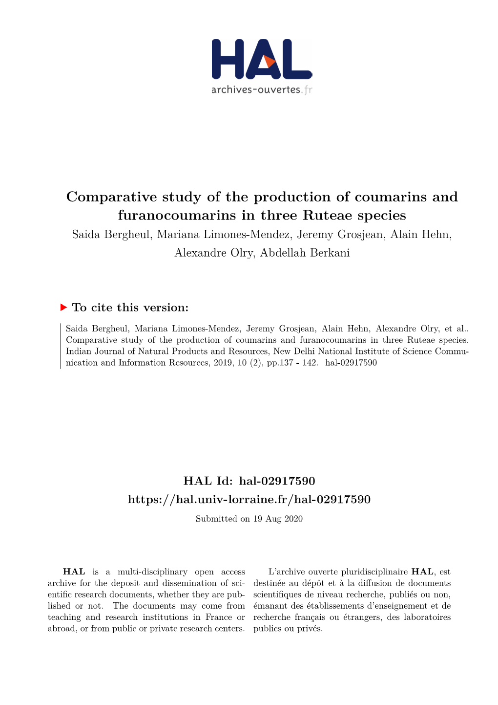 Comparative Study of the Production of Coumarins and Furanocoumarins In