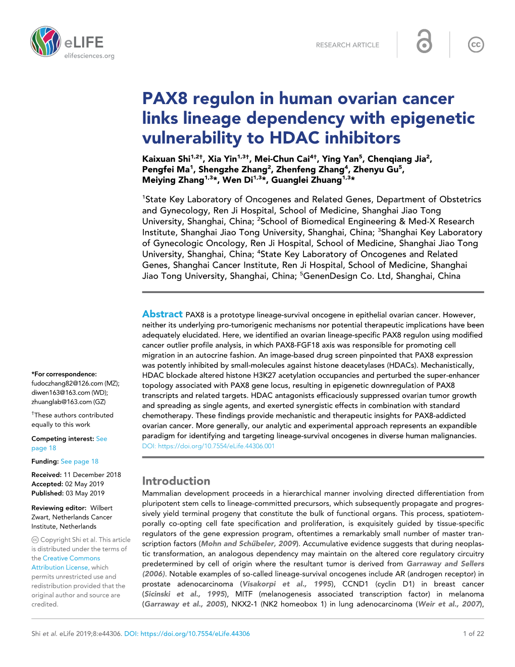 PAX8 Regulon in Human Ovarian Cancer Links Lineage Dependency