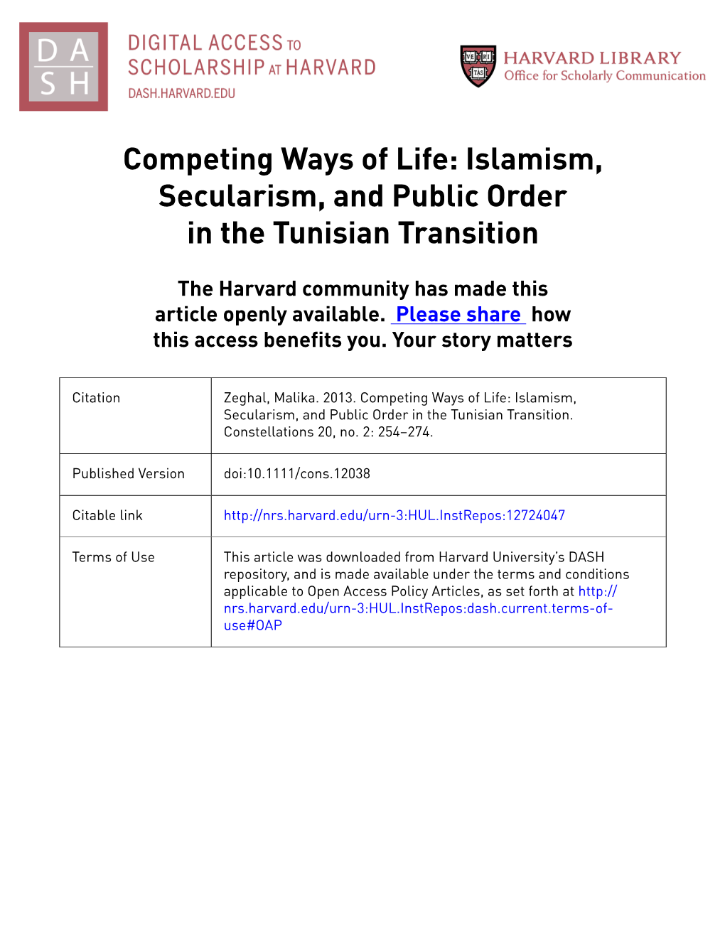 Islamism, Secularism, and Public Order in the Tunisian Transition