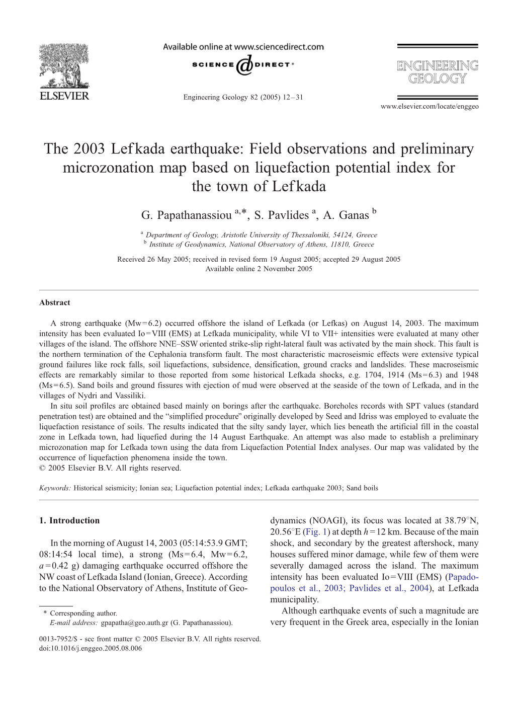 The 2003 Lefkada Earthquake: Field Observations and Preliminary