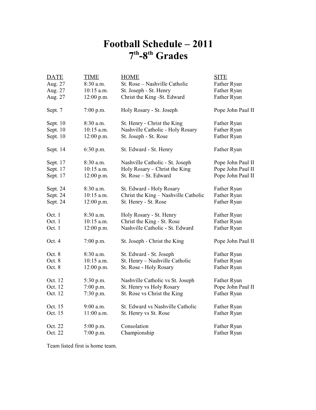 Tentative Football Schedule 2009