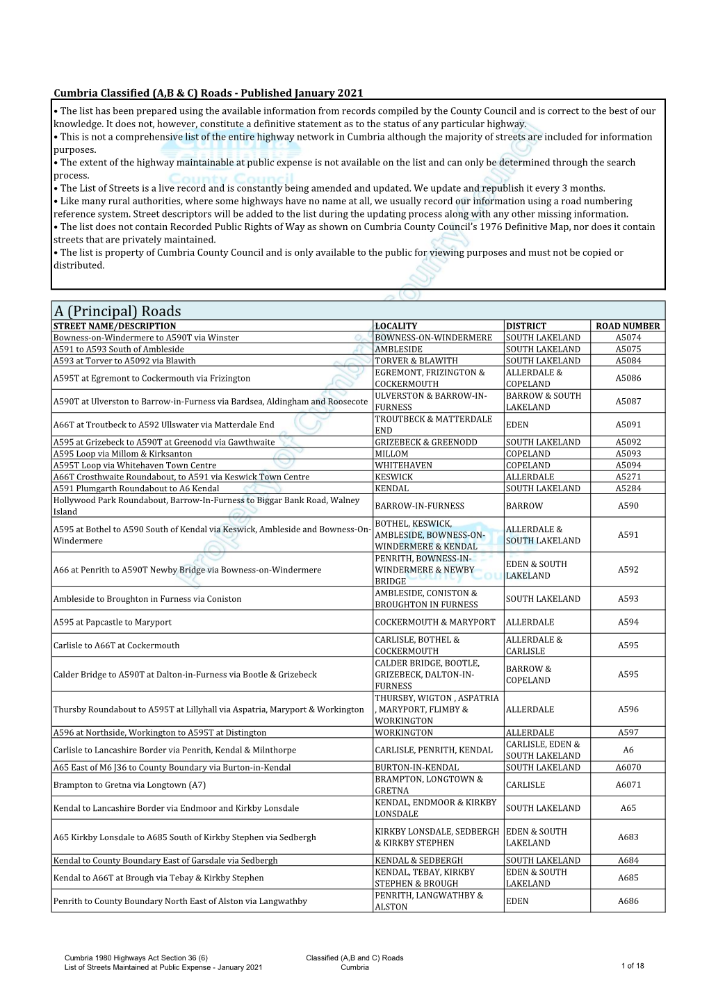 Cumbria Classified Roads