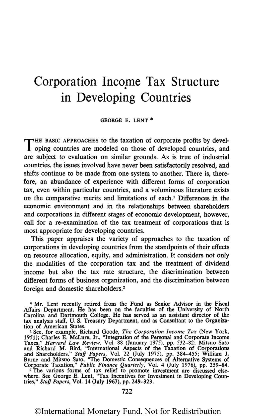 Corporation Income Tax Structure in Developing Countries