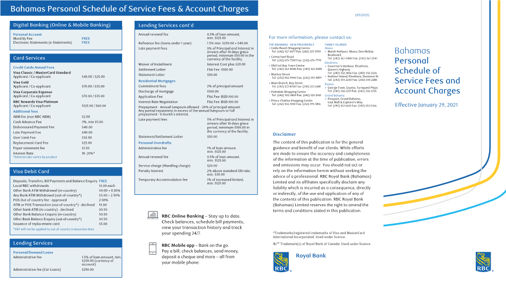 Bahamas Personal Schedule of Service Fees & Account Charges