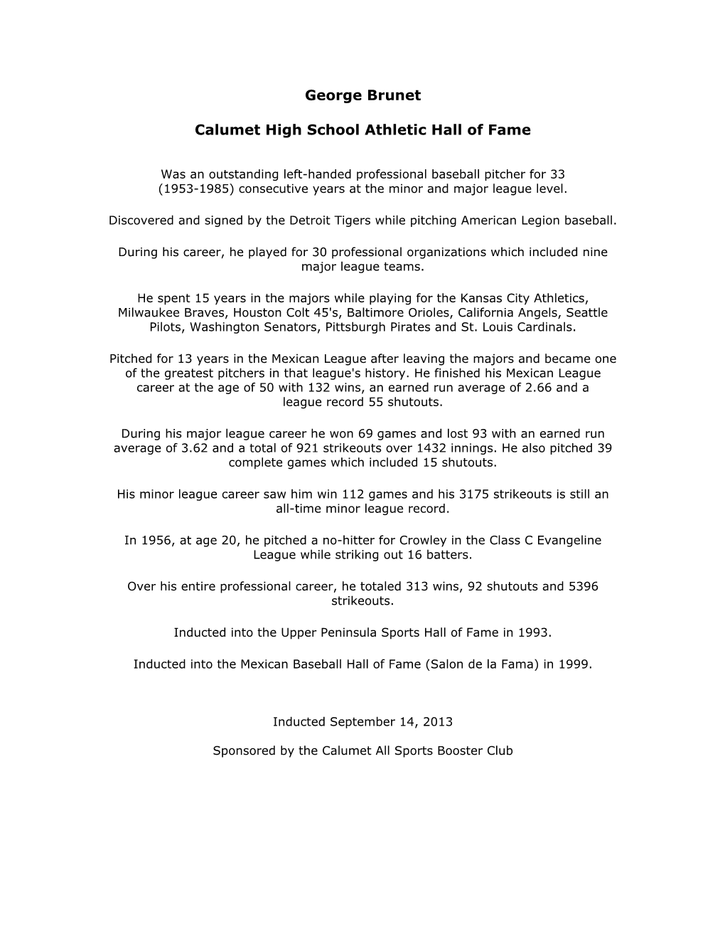 George Brunet Calumet High School Athletic Hall of Fame