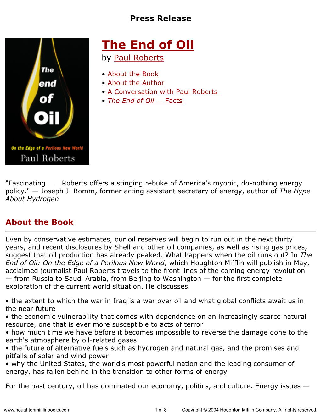 Press Release for the End of Oil Published by Houghton Mifflin
