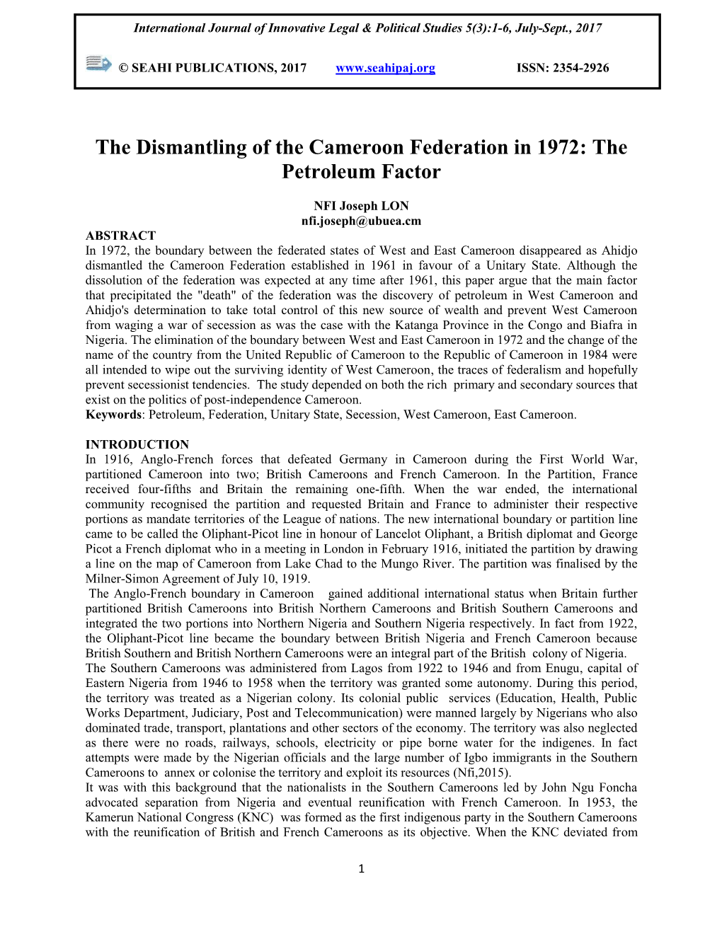 The Dismantling of the Cameroon Federation in 1972: the Petroleum Factor