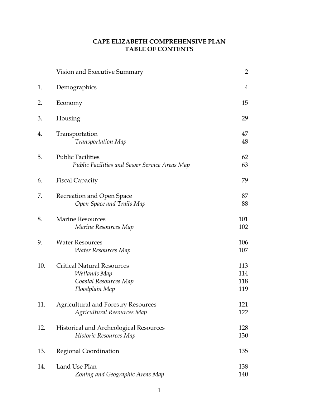 Cape Elizabeth Comprehensive Plan Table of Contents