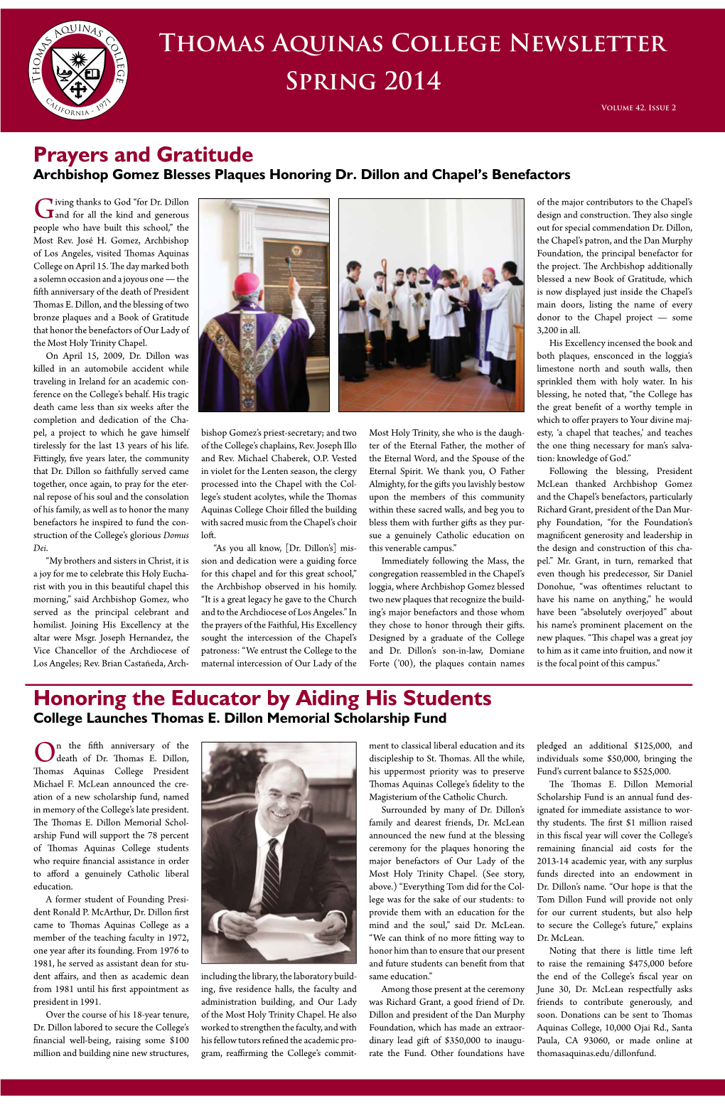 Thomas Aquinas College Newsletter Spring 2014