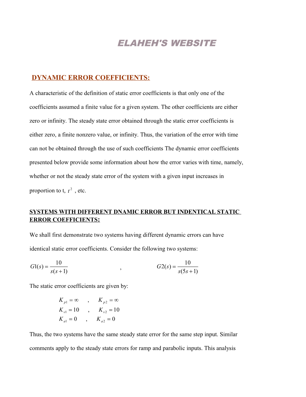 Dynamic Error Coefficients