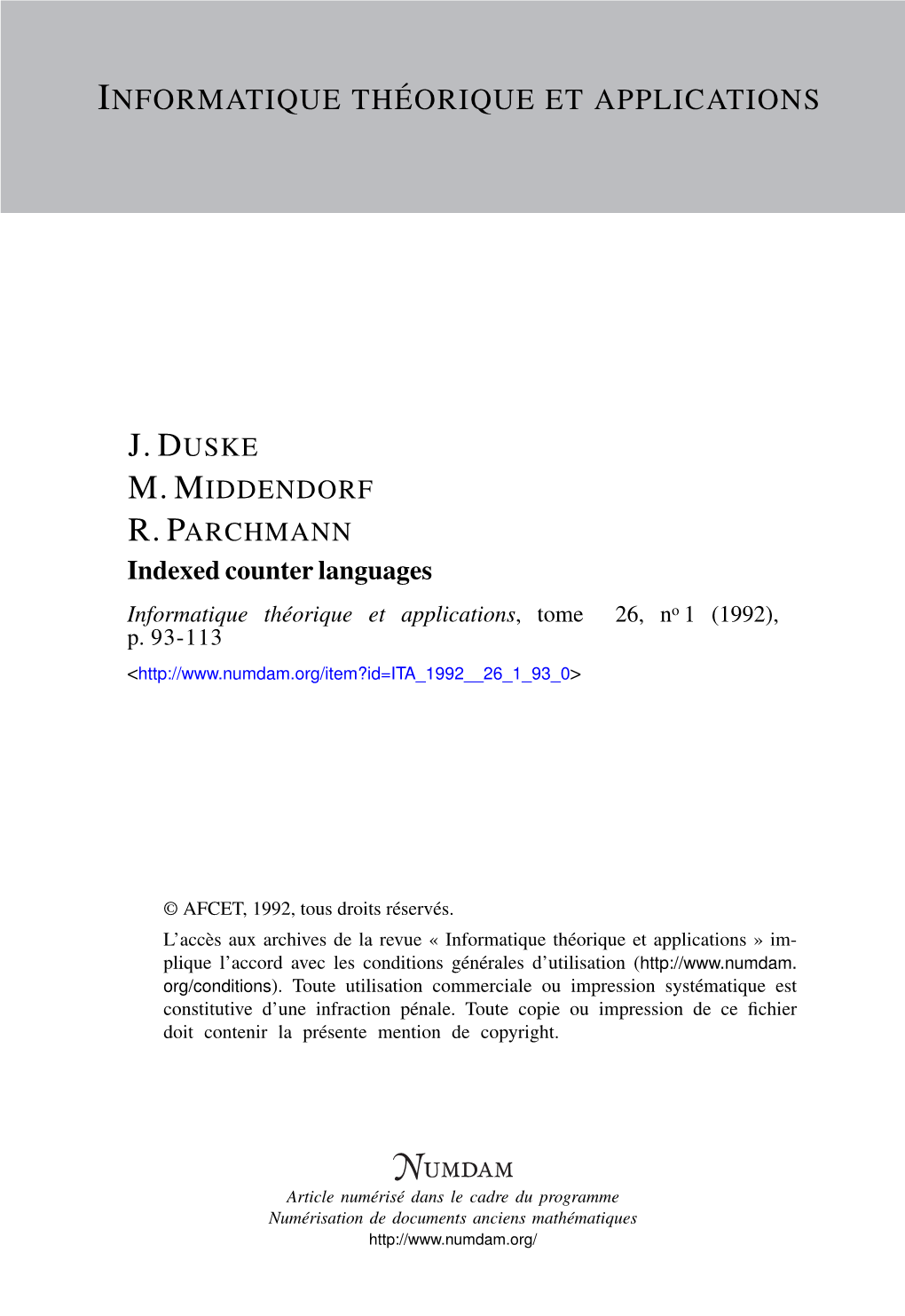 Indexed Counter Languages Informatique Théorique Et Applications, Tome 26, No 1 (1992), P