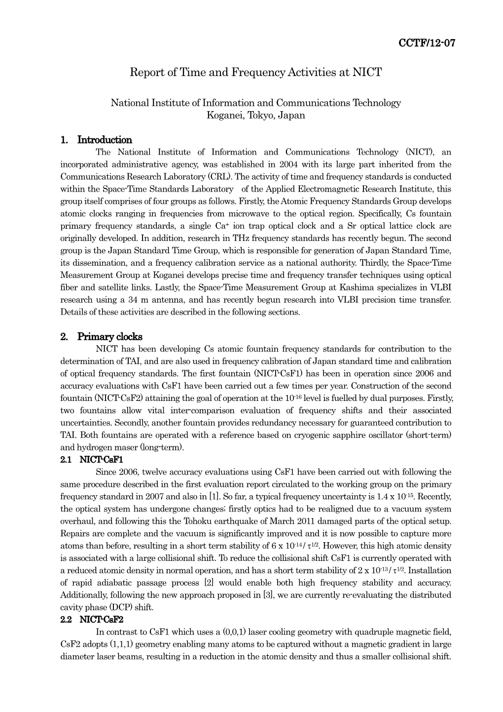 Report of Time and Frequency Activities at NICT