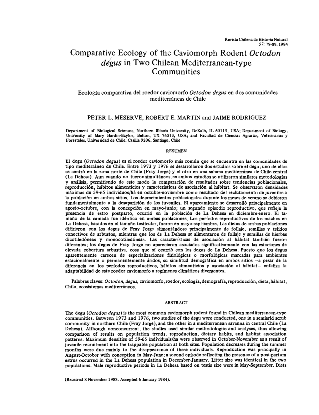 Comparative Ecology of the Caviomorph Rodent Octodon Degus in Two Chilean Mediterranean-Type Communities