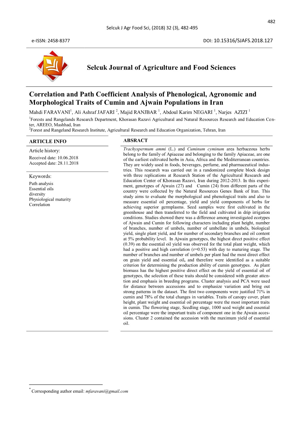 Selcuk Journal of Agriculture and Food Sciences Correlation And