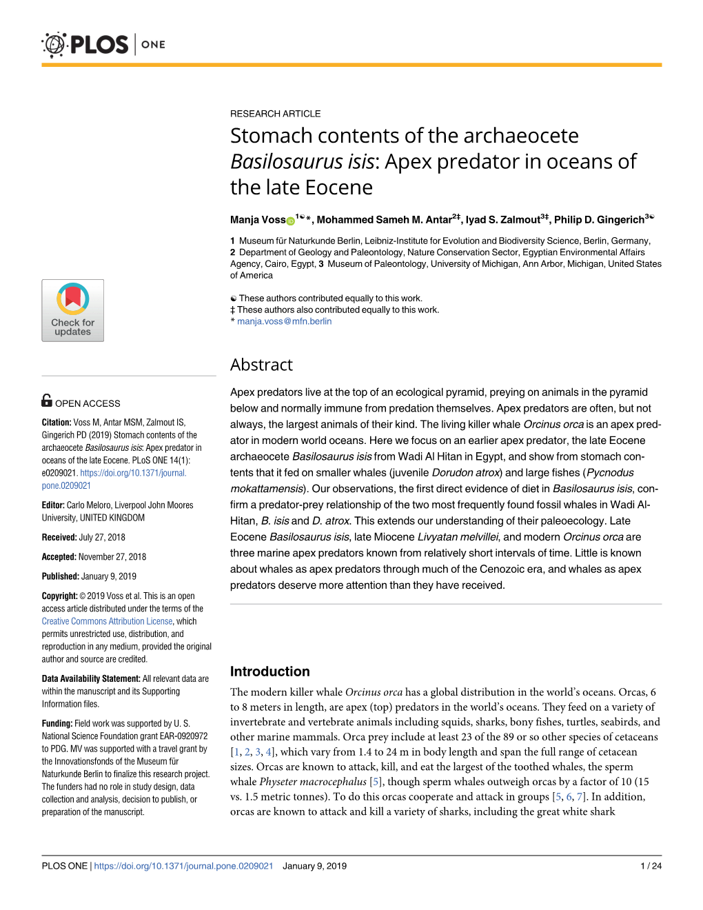 Stomach Contents of the Archaeocete Basilosaurus Isis: Apex Predator in Oceans of the Late Eocene