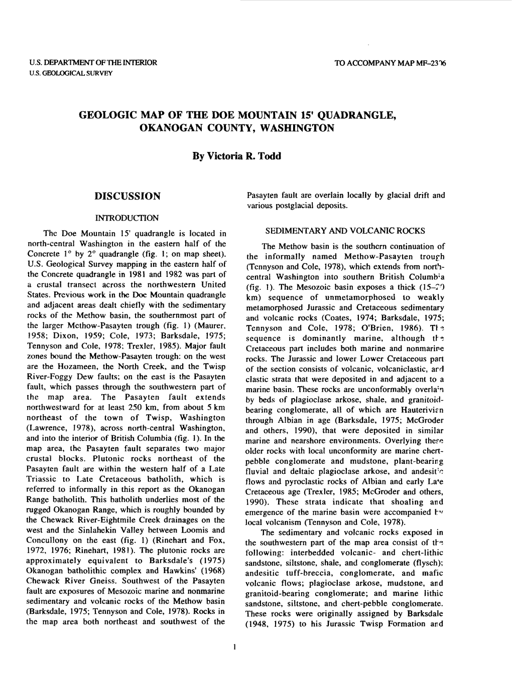 Geologic Map of the Doe Mountain 15' Quadrangle, Okanogan County, Washington