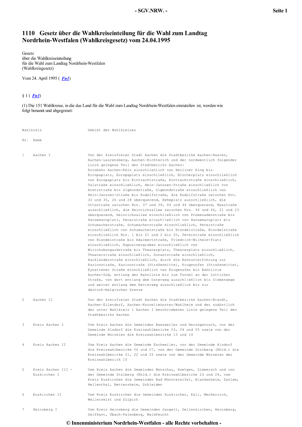 1110 Gesetz Über Die Wahlkreiseinteilung Für Die Wahl Zum Landtag Nordrhein-Westfalen (Wahlkreisgesetz) Vom 24.04.1995