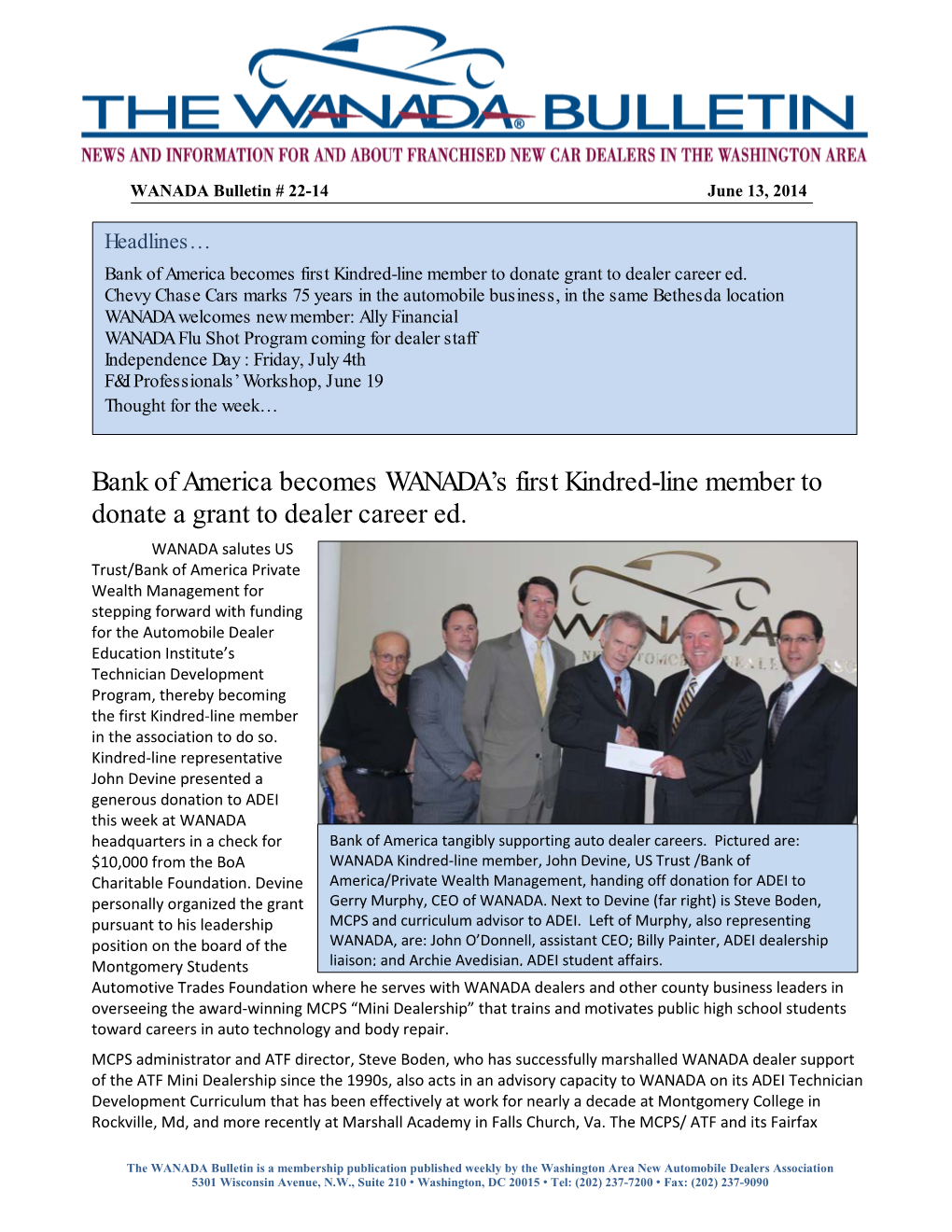 Bank of America Becomes WANADA's First Kindred-Line Member to Donate