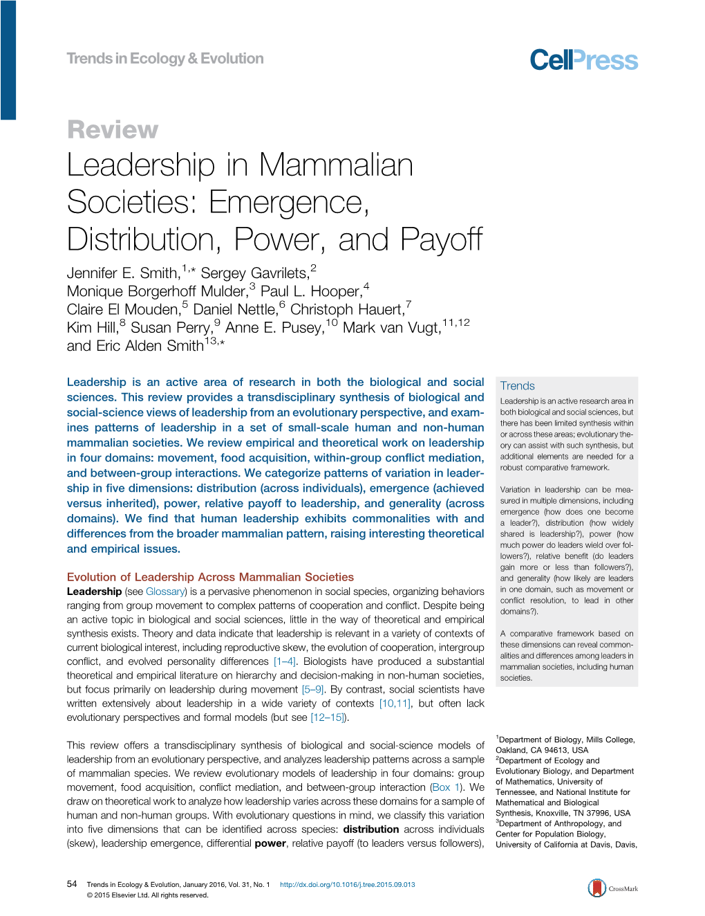 Leadership in Mammalian Societies: Emergence, Distribution, Power