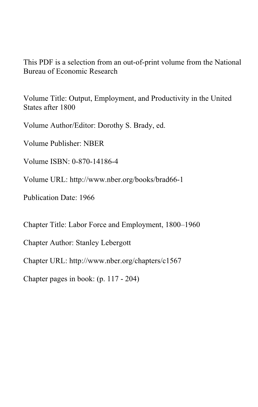 Labor Force and Employment, 1800-1960