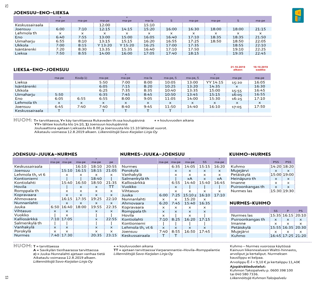 Joensuu–Eno–Lieksa Lieksa–Eno–Joensuu Huom: Huom: Joensuu–Juuka–Nurmes