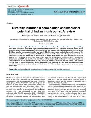 Diversity, Nutritional Composition and Medicinal Potential of Indian Mushrooms: a Review