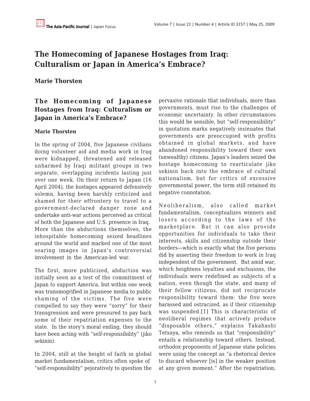 The Homecoming of Japanese Hostages from Iraq: Culturalism Or Japan in America’S Embrace?