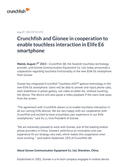 Crunchfish and Gionee in Cooperation to Enable Touchless Interaction in Elife E6 Smartphone