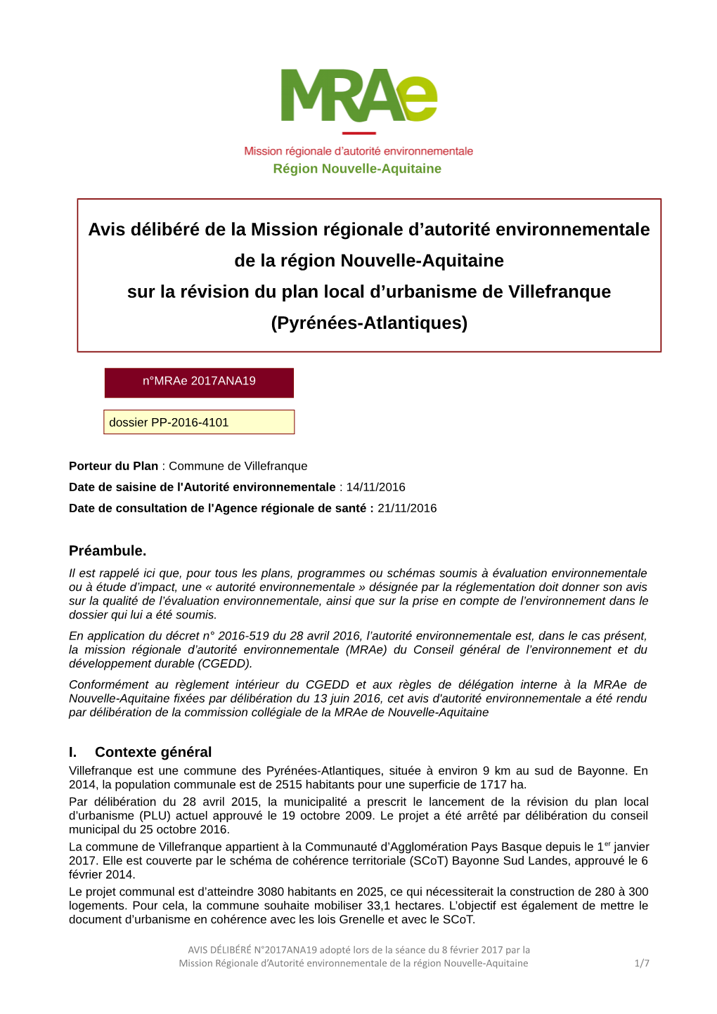 Avis Délibéré De La Mission Régionale D'autorité Environnementale De La