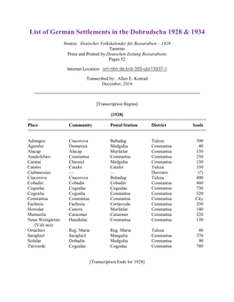 List of German Settlements in the Dobrudscha 1928 & 1934