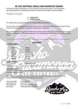 RC ACE SOFTBALL DRILLS and MODIFIED GAMES This Booklet Has Been Developed As a Resource Guide for Managers and Coaches