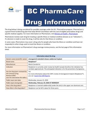 B.C. Pharmacare Drug Information Sheet for Etonogestrel (Nexplanon)