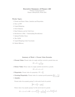 Executive Summary of Finance 430 Professor Vissing-Jørgensen Finance 430-62/63/64, Winter 2011