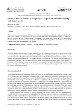 Studies of Bolivian Ptiliidae (Coleoptera) 1: the Genus Cissidium Motschulsky with Six New Species