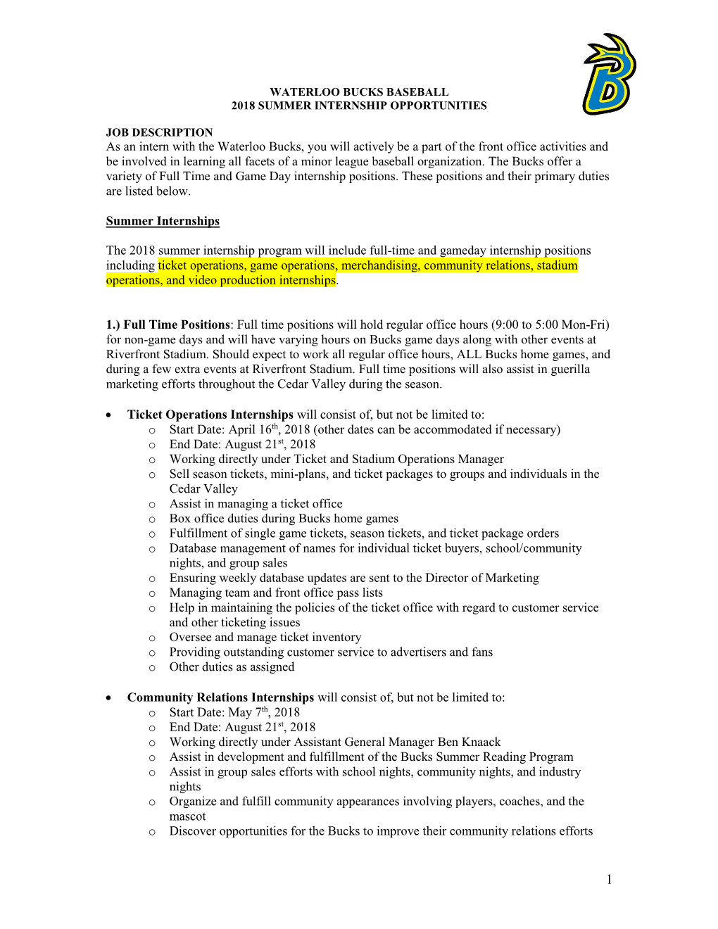 Waterloo Bucks Baseball 2018 Summer Internship Opportunities Job Description