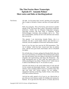 The Tim Ferriss Show Transcripts Episode 67: Amanda Palmer Show Notes and Links at Tim.Blog/Podcast