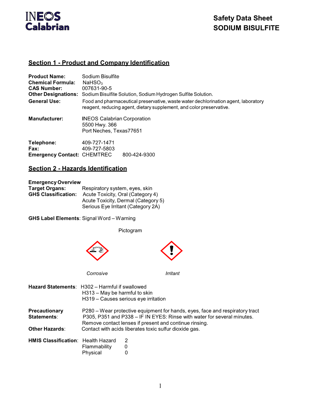 Safety Data Sheet SODIUM BISULFITE