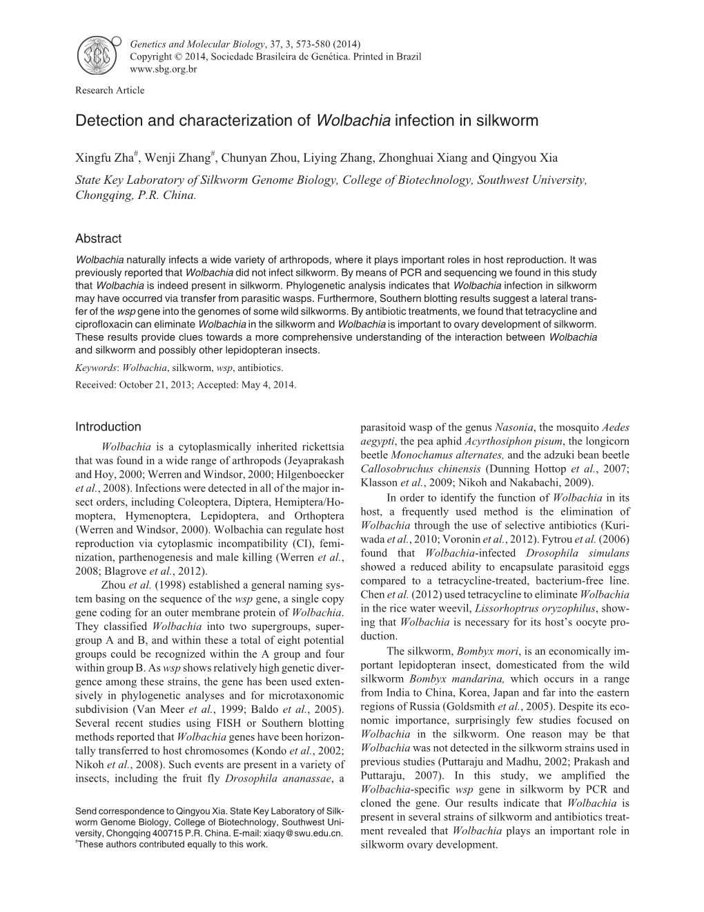 Detection and Characterization of Wolbachia Infection in Silkworm