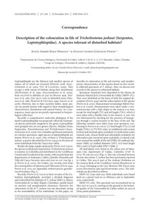 Description of the Colouration in Life of Tricheilostoma Joshuai (Serpentes, Leptotyphlopidae). a Species Tolerant of Disturbed Habitats?