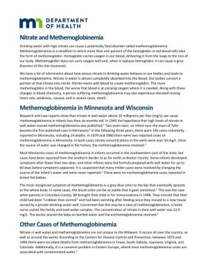Nitrate and Methemoglobinemia Drinking Water with High Nitrate Can Cause a Potentially Fatal Disorder Called Methemoglobinemia