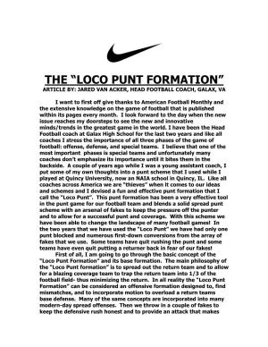 The “Loco Punt Formation” Article By: Jared Van Acker, Head Football Coach, Galax, Va