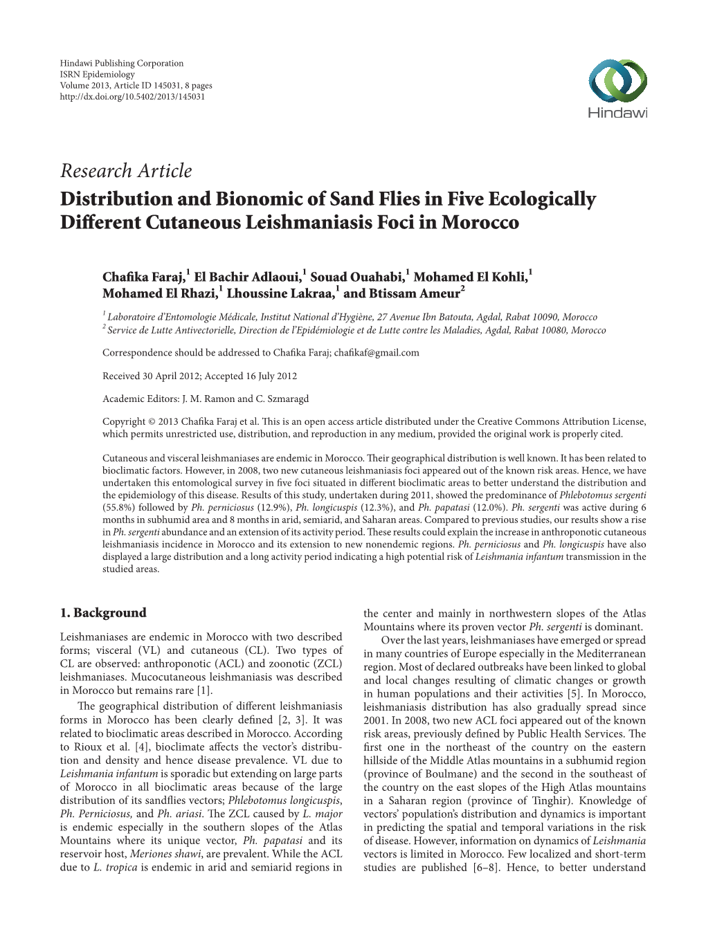 Distribution and Bionomic of Sand Flies in Five Ecologically Different Cutaneous Leishmaniasis Foci in Morocco