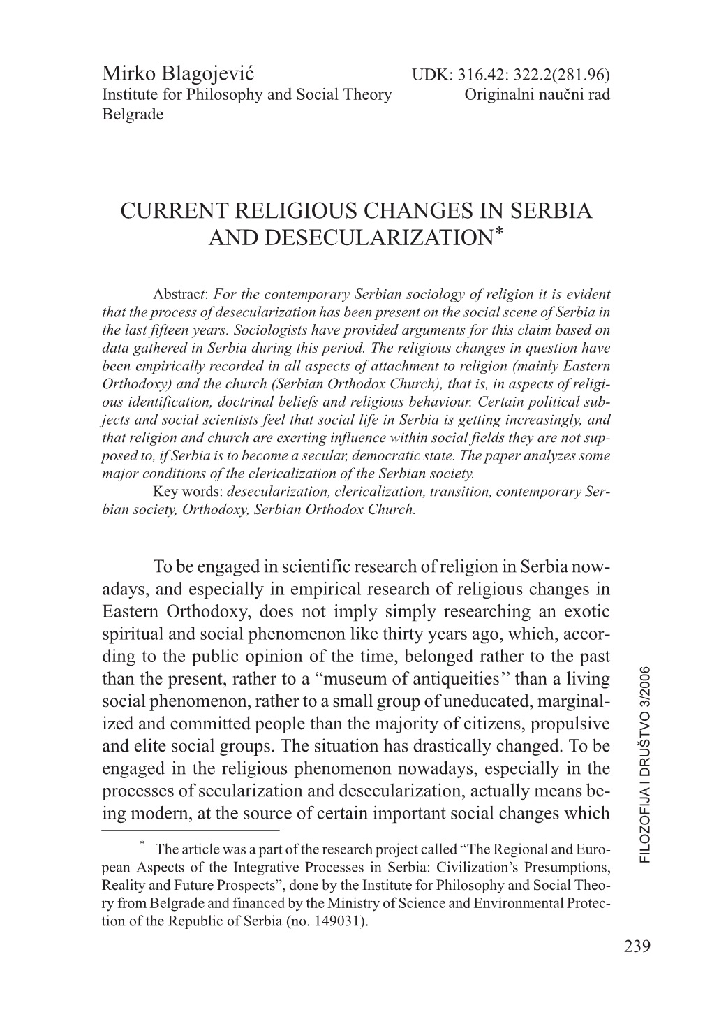 Current Religious Changes in Serbia and Desecularization*