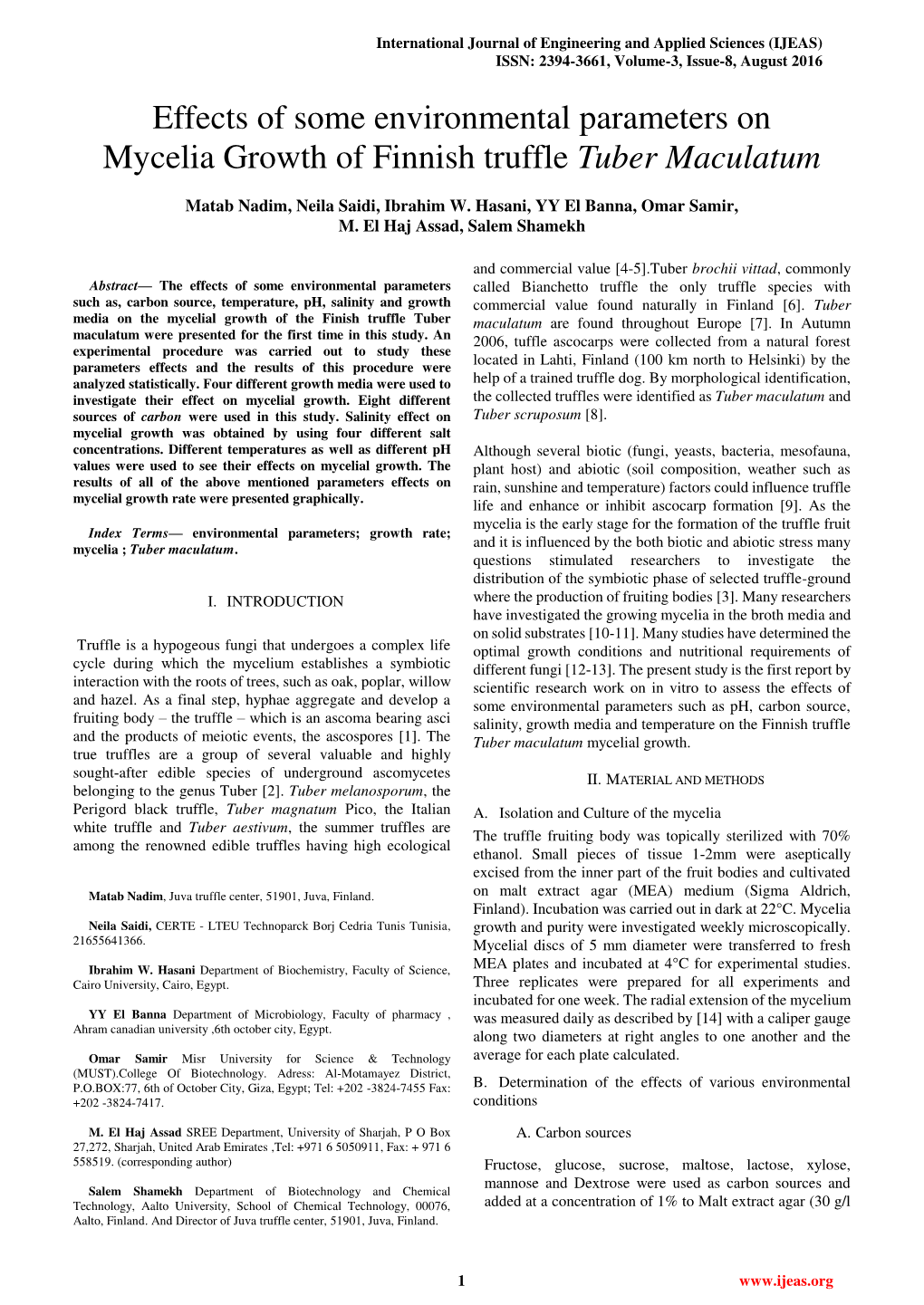 Effects of Some Environmental Parameters on Mycelia Growth of Finnish Truffle Tuber Maculatum