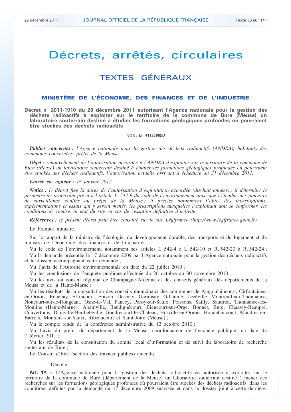 JOURNAL OFFICIEL DE LA RÉPUBLIQUE FRANÇAISE Texte 36 Sur 141